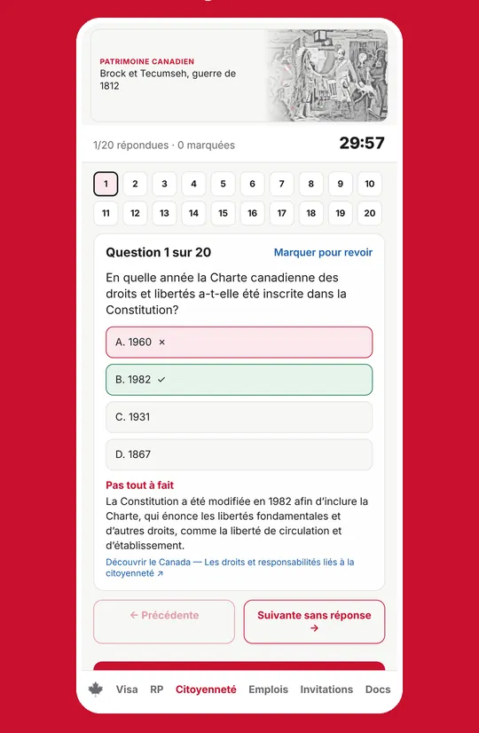Test de pratique de citoyenneté de 20 questions avec minuterie