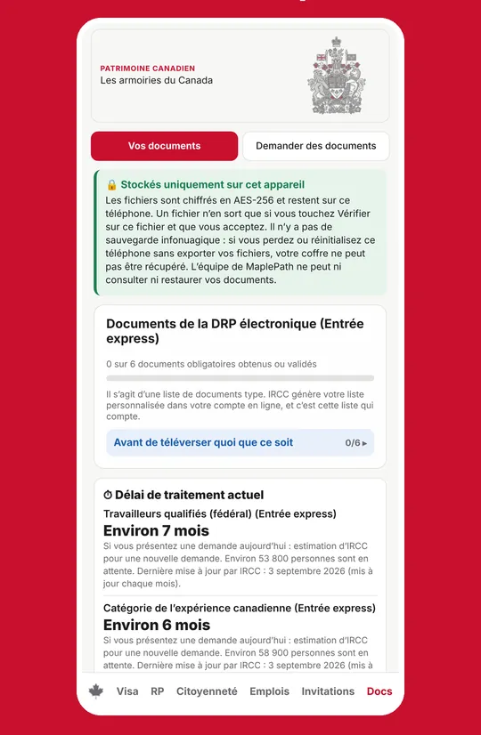 Coffre de documents chiffré avec la liste des documents d'Entrée express